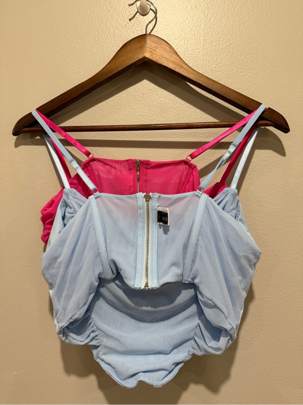 Light Blue and hot pink  Draped Cowl Neck Spaghetti Strap Top size Medium